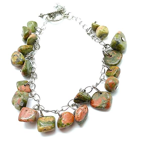 Artisan Unakite Jasper Bracelet Green Pink Stone Beads Silver Chain Toggle Clasp - Picture 12 of 13